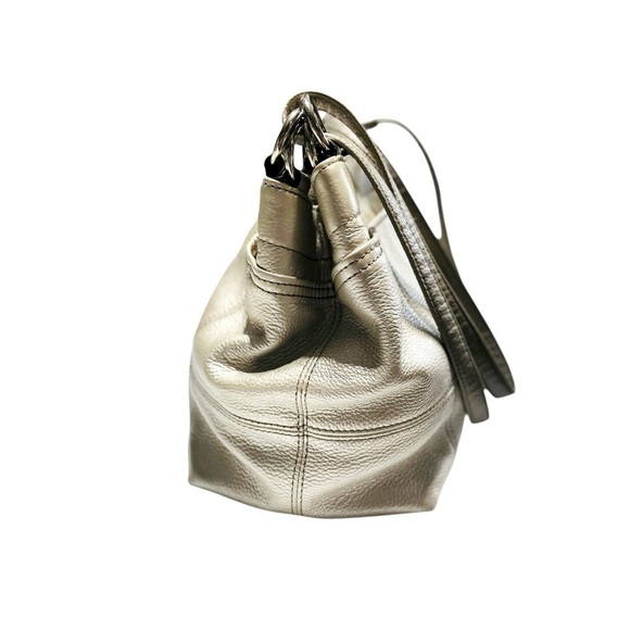 Tignanello Metallic Gold Silver Pebbled Leather shoulder Bag Brown Chain Fabric - Picture 3 of 14